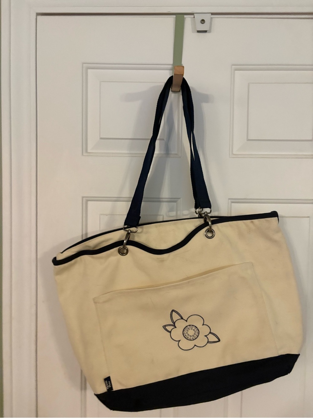 Canvas Flower Thermal Tote Bag in Cream and Navy